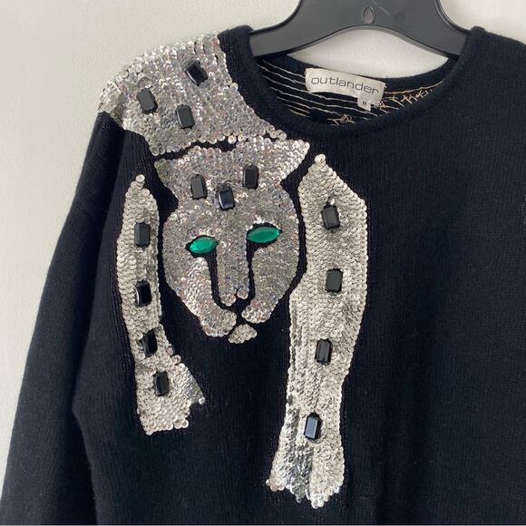 Vintage Outlander Silver Sequin Cheetah Leopard Black Angora Blend Sweater large - Picture 3 of 7